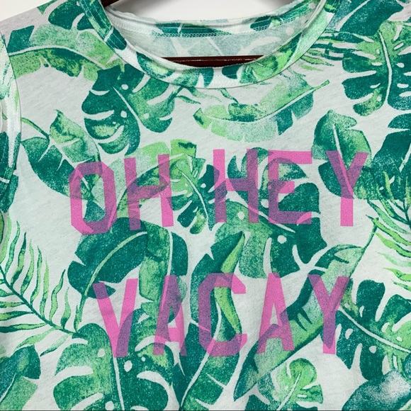 Girls More Than Magic Green Tropical Leaf Tank Top Pink Oh Hey Vacay Slogan Nwot - Picture 3 of 12